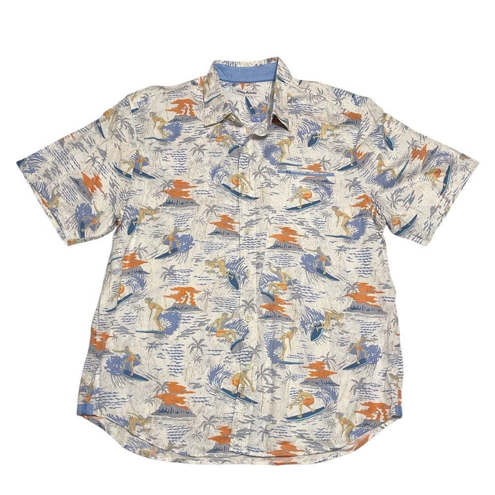 TOMMY BAHAMA Hawaiian Short Sleeve Button Up Shirt Surfing Island Volcano Large